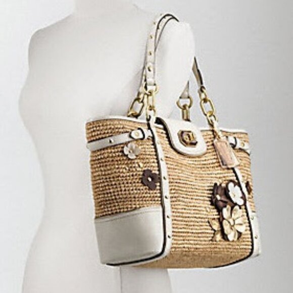 Coach Hamptons Large Natalie Raffia Straw & Leather Tea Roses Tote Bag GUC - Picture 16 of 16